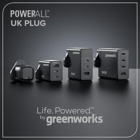 Set of power adapters with 'Greenworks' branding on a dark background