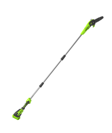 A green and black 40V cordless pole saw with a 20cm blade.