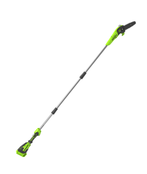 A green and black 40V cordless pole saw with a 20cm blade.