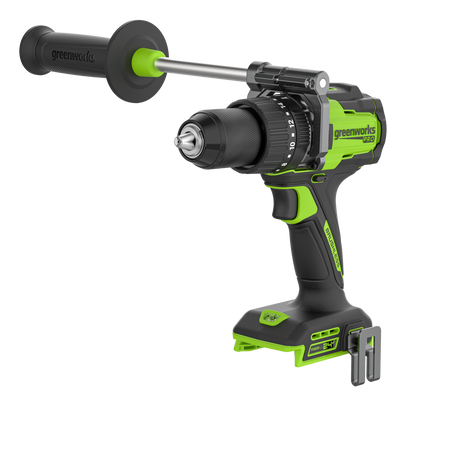 Greenworks cordless drill driver with a torque arm extension attachment, shown on a solid white background.