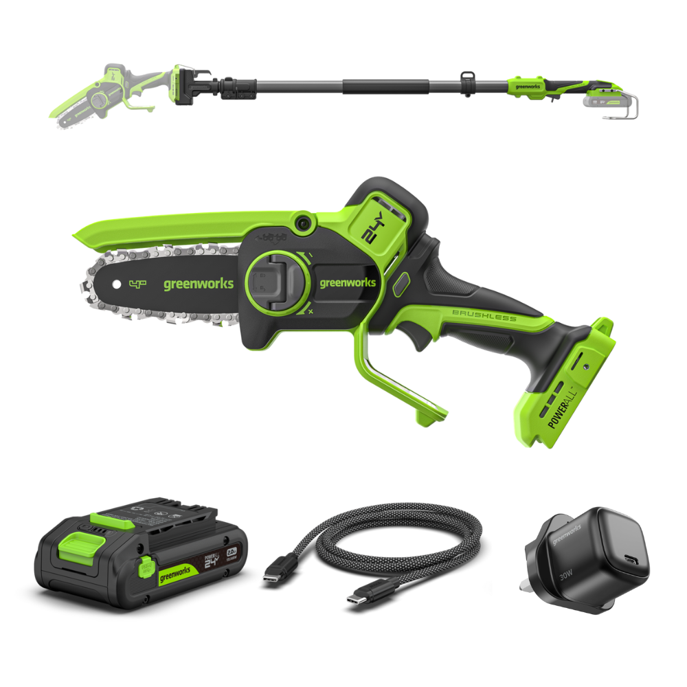 POWERALL 24V Mini Chainsaw 10cm Gen. II with Extension Pole - 2Ah Battery